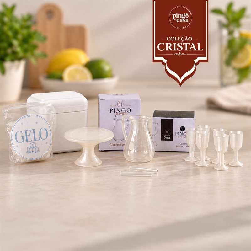 Coleção Cristal — miniaturas de taças, jarra e gelo